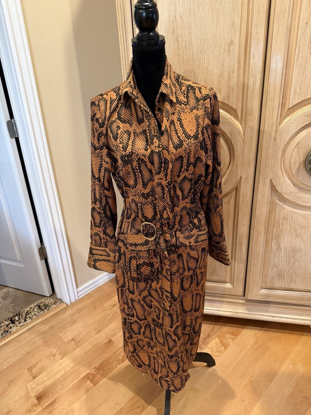 Zara Brown And Black Snake Print Long Sleeve Belted Dress Size L NWT